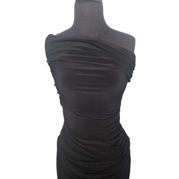 CLUB L LONDON Black One Shoulder Fishtail Maxi Dress US 6 UK 10 Ruched Stretchy - Picture 3 of 8